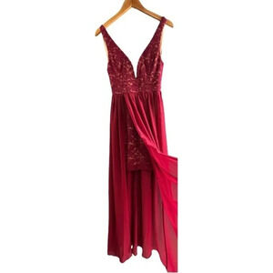Lulus Lace Prom Dress Sheer Overlay High Front Slit Maxi Bridal Party Gown‎ Sz S